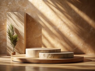 Elegant Podium for Exhibitions Showcasing Natural Stone and Wood Materials Against a Beautiful Beige Background Illuminated by Sunlight for Product Presentations