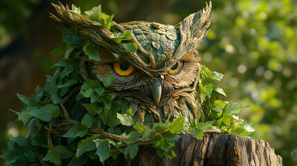 A mystical owl camouflaged with leaves, perched on a tree stump, exuding an enchanting forest ambiance.