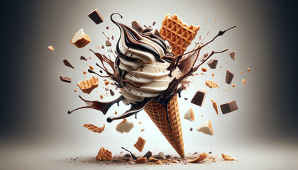 Vanilla ice cream cone with chocolate syrup drizzling down and waffle pieces breaking apart around it.