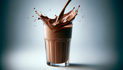 Glass of Chocolate drinks with splash isolated on blue background. Design. Cover. Copy space. Menu. 