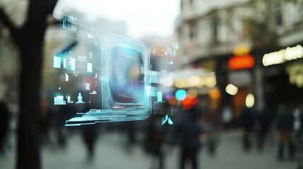 Fototapeta premium Abstract city scene with digital holographic interface in focus