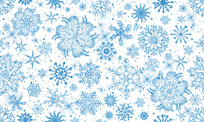 Vector seamless Christmas hand drown monochrome pattern with dark blue snowflakes and stars on a transparent background