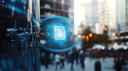 Digital shield hologram over city background, cyber security con