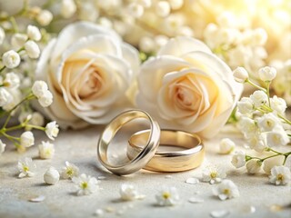 Elegant Wedding Rings on Textured Surface with White Floral Accents for Romantic and Timeless Love Stories