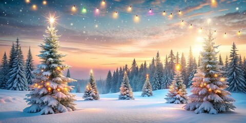 Fototapeta premium Enchanting Christmas Winter Background with Snow-Covered Trees and Warm Glowing Lights, Perfect for Holiday Greetings and Seasonal Decor