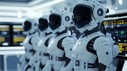 Fototapeta premium High-Tech Space Station Laboratory with White Humanoid Robots Working on Computers, Wearing Helmets and Engaged in Research – Hyper-Detailed, Cinematic Sci-Fi Style 