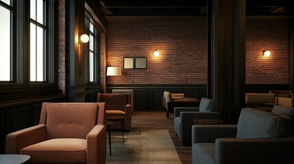 A cozy, modern lounge featuring rustic wooden walls and stylish furniture, creating a warm and inviting atmosphere.