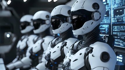 Group of White Humanoid Robots Wearing Helmets and Conducting Scientific Research on Computers in a Futuristic Space Station Laboratory – Cinematic, High-Resolution Sci-Fi Concept Art