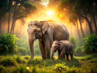 Fototapeta premium Enchanting Tilt-Shift Photography of a Thai Elephant Mother and Calf Bathed in Warm Golden Light Capturing the Bond of Nature and Tender Moments in the Wild