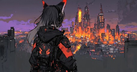 Anime-Inspired Cityscape with Mysterious Fox-Like Character