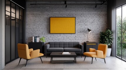 Fototapeta premium A modern living room featuring a gray sofa, orange chairs, a coffee table, potted plants, and a large yellow artwork on a textured wall.