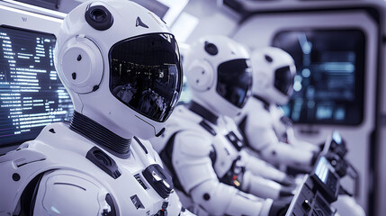 Fototapeta premium Group of White Humanoid Robots Wearing Helmets and Conducting Scientific Research on Computers in a Futuristic Space Station Laboratory – Cinematic, High-Resolution Sci-Fi Concept Art