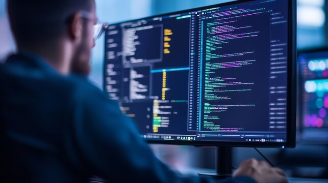 A person coding on a computer screen displaying colorful lines of programming code in a tech environment.