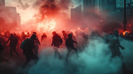 Protestors confront a crisis amidst smoke and fire in a moody urban setting, highlighting civil unrest