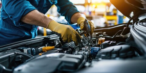 Mechanic working on a car engine in an auto repair shop with tools and parts.