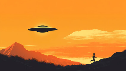 Silhouette of a Flying Saucer Hovering Above a Mountain as a Boy Runs Toward It in a Vibrant Orange Sky – Vector Illustration in Flat Design with Minimalistic Lines and High-Quality Detail