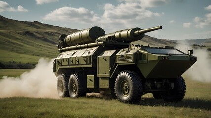 Fototapeta premium Armored military vehicle maneuvers through a dusty landscape under a clear sky in a remote training area. Generative AI