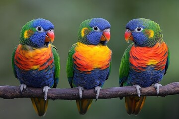 Obraz premium Three colorful rainbow lorikeets perching on a branch
