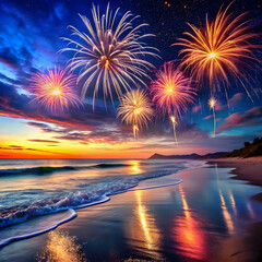 Bright fireworks light up the night sky above a beach
