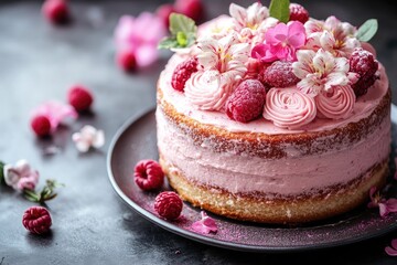 Delicious pink cake decorated with raspberries and flowers