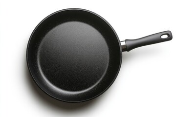 Black frying pan on white background. Perfect for illustrating cooking, kitchenware, or food preparation.