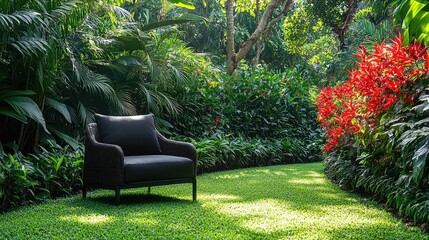 Comfortable black wicker chair standing on green grass in front of tropical wall