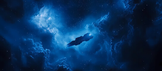 Stunning Space Scene Featuring a Hyper-Realistic Spaceship Flying Through a Nebula with Glowing Lights on Its Wings