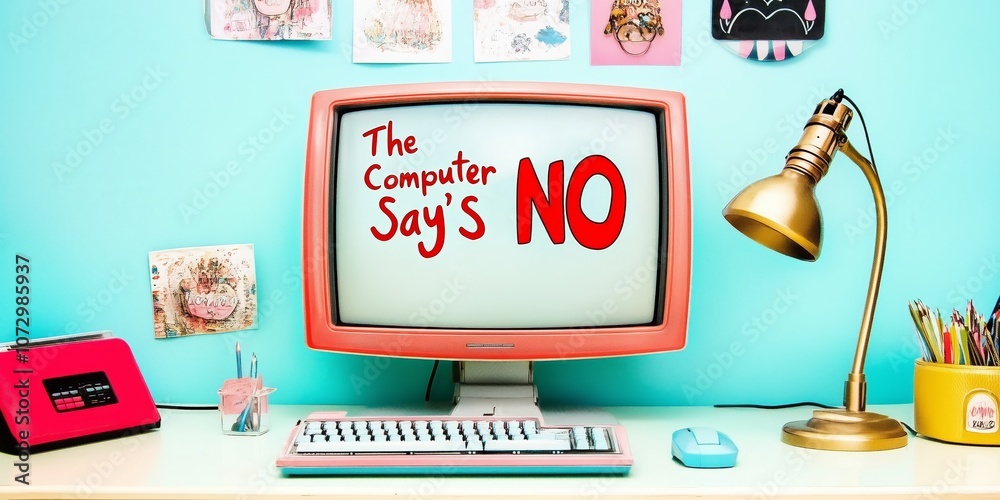 Fototapete retro computer on desk with computers says no displayed on vintage monitor
