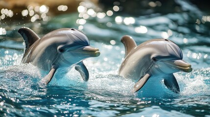 Two dolphins swimming and jumping in clear blue water