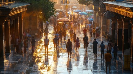 Obraz premium Tourists walking in the rain at shwedagon pagoda in yangon, myanmar