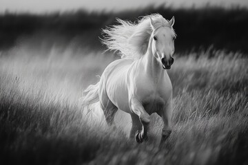 White horse running in a field black and white photography