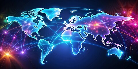 A luminous world map with interconnected lines, symbolizing global connectivity and the flow of information, against a cosmic backdrop of shimmering stars and bright, vibrant light streams.