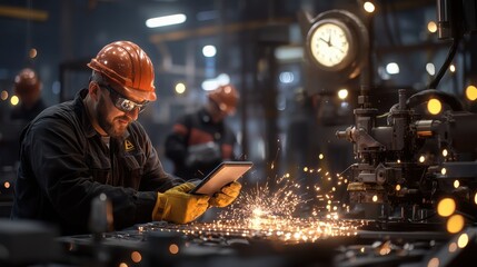 Industrial steel site scene with laborers working quickly around organized materials