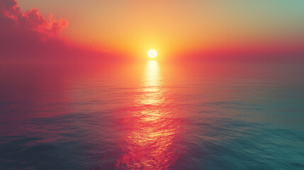 Dramatic ocean sunset with orange sun reflection on calm water surface