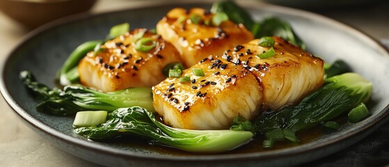 Delicious grilled fish with bok choy garnish.