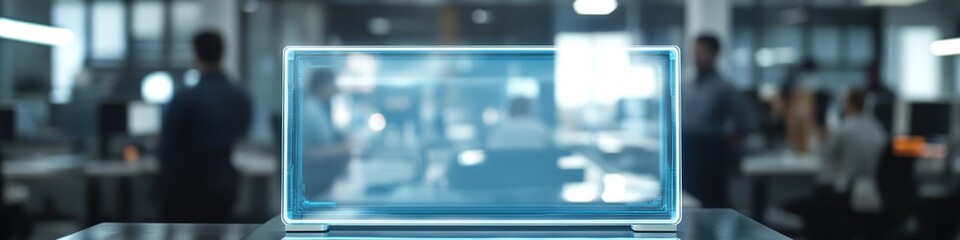 Laptop with transparent screen in busy office