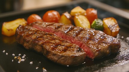 Juicy grilled steak with seasoned vegetables.