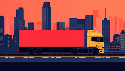 A yellow truck with a red trailer is driving along a road against a backdrop of a vibrant city skyline at sunset.