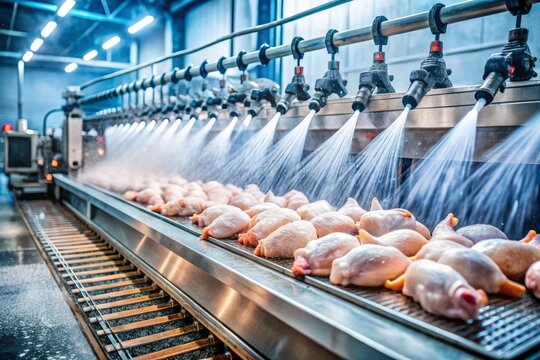 High Pressure Water Spray Cleaning Conveyor Belt in Chicken Meat Processing Facility for Hygiene and Safety Compliance in Food Industry Operations