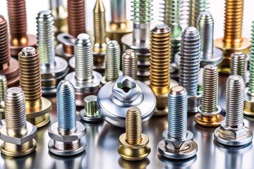 High-Quality Product Photography of Various Screw and Bolt Heads on a Clean White Background for Industrial and Hardware Use with Detail-Focused Representation