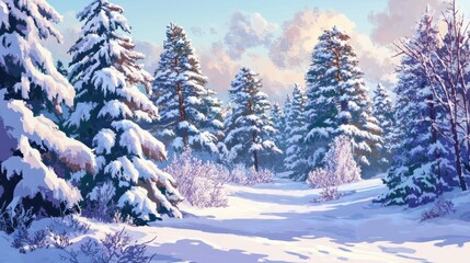 Naklejka premium Serene and enchanting winter forest landscape with snow-covered pine trees, creating a tranquil and magical wintery scene in a peaceful and seasonal backdrop