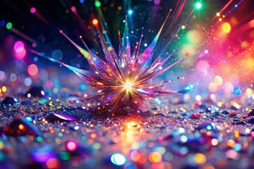 Fototapeta premium Holographic Burst with Iridescent Effect and Pink Disco Sparkle Creating a 3D Colorful Explosion in a Festive Setting with Falling Design and Glare Texture