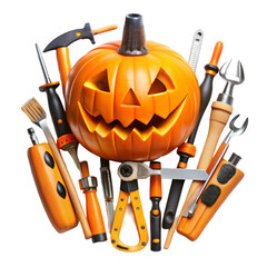 A collection of carved pumpkins and tools for Halloween decoration