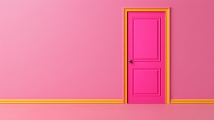 A vibrant pink door stands against a matching pink wall, framed by bright orange trim, creating a stylish and playful interior scene.