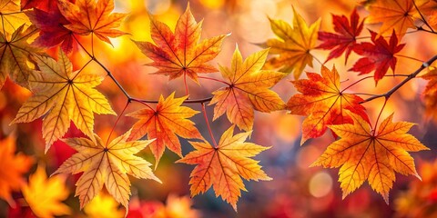 Fototapeta premium A vibrant display of autumn leaves, their hues ranging from deep crimson to golden yellow, showcasing the intricate patterns of nature's artistry.