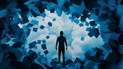 A silhouette of a person stands surrounded by fragmented shapes, evoking themes of exploration, transformation, and breaking through barriers into a bright, expansive sky.