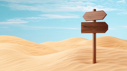 A weathered signpost stands in a sandy landscape, surrounded by rolling dunes under a bright blue sky.