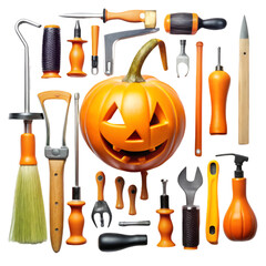 A collection of carved pumpkins and tools for Halloween decoration