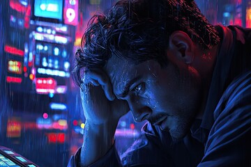 Man with wet hair in neon lights. A portrait of a man with a melancholic expression, possibly reflecting on life's challenges.