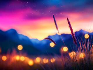 Naklejka premium Serene Sunset Over Mountain Landscape With Grass, Stars, and Soft Bokeh Lights Creating a Magical Evening Atmosphere in Nature